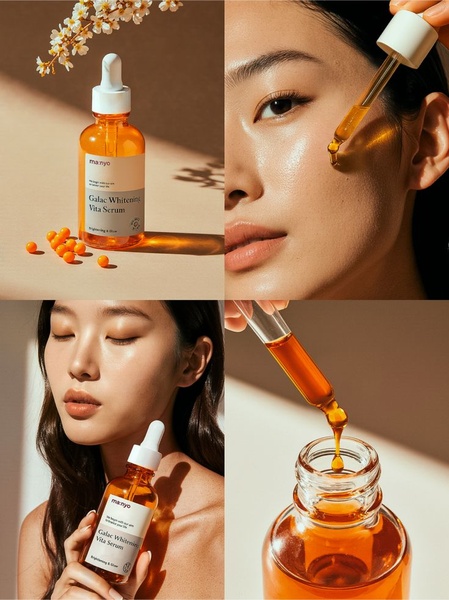 A four-panel grid showing the serum bottle, a close-up application of the product on skin, and a macro shot of the dropper, using warm, natural lighting.